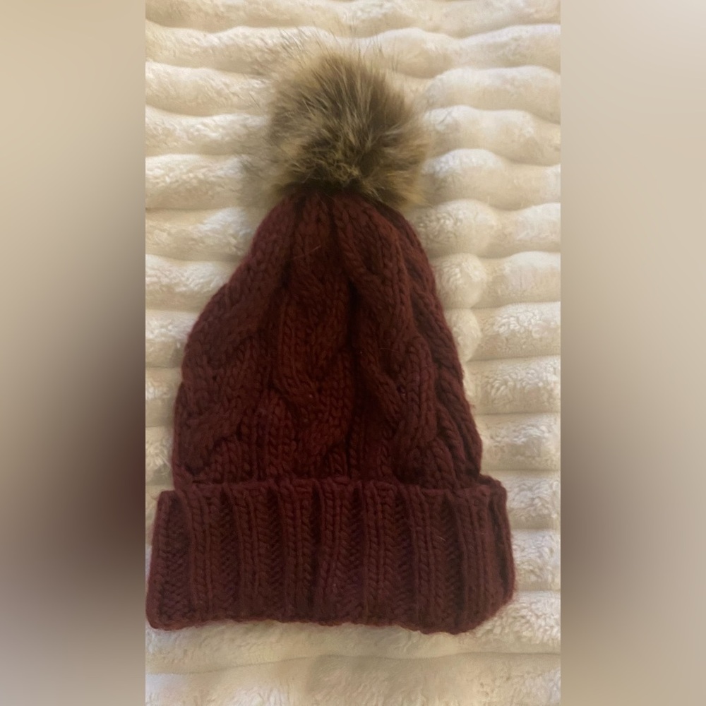 Joy Susan Burgundy Knit Beanie with Faux Fur Pom